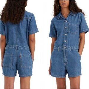 Levi's Blue Denim Short Sleeve Jumpsuit Coveralls Romper Five Pockets